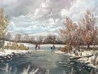 Fine Vintage Oil on Canvas Board depicting Skaters on a Frozen Pond by David Price SOLD