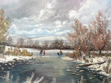 Fine Vintage Oil on Canvas Board depicting Skaters on a Frozen Pond by David Price