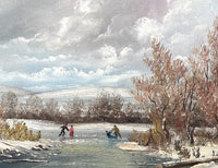 Fine Vintage Oil on Canvas Board depicting Skaters on a Frozen Pond by David Price