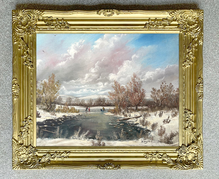 Fine Vintage Oil on Canvas Board depicting Skaters on a Frozen Pond by David Price SOLD