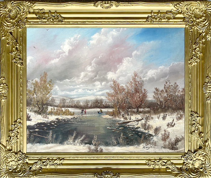 Fine Vintage Oil on Canvas Board depicting Skaters on a Frozen Pond by David Price SOLD