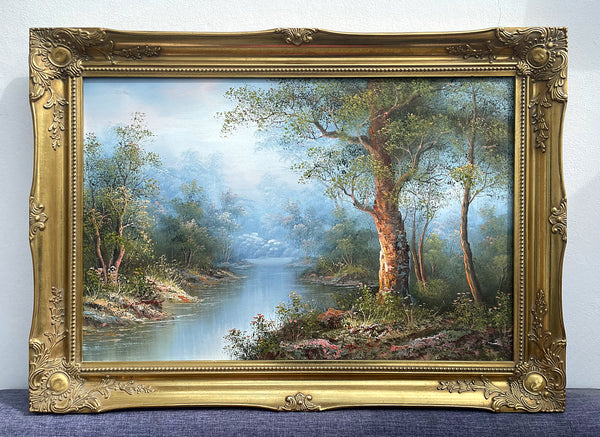 Fine Large Vintage Oil on Canvas - Tranquil River Landscape by Irene Cafieri SOLD