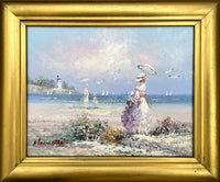 Fine Mid C20th French Impressionist Oil on Canvas - Ladies at the Beach - Marie Charlot SOLD