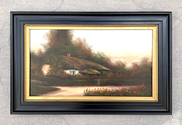 Delightful Edwardian Oil on Wood panel - Thatched Country Cottage by Hal Burton