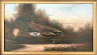 Delightful Edwardian Oil on Wood panel - Thatched Country Cottage by Hal Burton