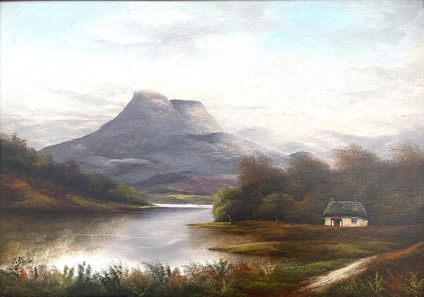 Delightful Edwardian Oil on Wood panel Cottage by a Loch by Hal