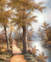 Delightful Large Vintage Oil on Canvas - Tranquil Riverside Landscape by Irene Cafieri