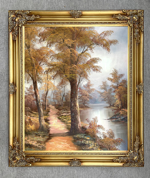 Delightful Large Vintage Oil on Canvas - Tranquil Riverside Landscape by Irene Cafieri