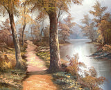 Delightful Large Vintage Oil on Canvas - Tranquil Riverside Landscape by Irene Cafieri