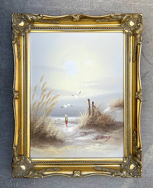 Delightful Vintage Mid C20th Oil on Canvas - Boy on a Beach