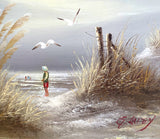 Delightful Vintage Mid C20th Oil on Canvas - Boy on a Beach