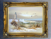 Exquisite Vintage Mid C20th Oil on Canvas - Figures by a Lighthouse SOLD