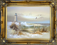 Exquisite Vintage Mid C20th Oil on Canvas - Figures by a Lighthouse SOLD