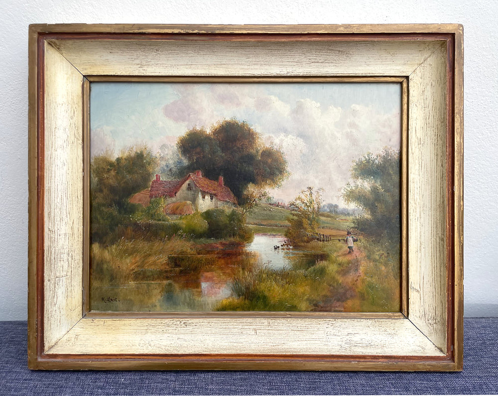 Exquisite Early C20th English School Oil on Panel - Rural Cottage by a pond SOLD