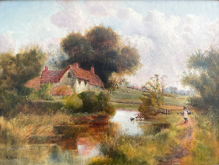 Exquisite Early C20th English School Oil on Panel - Rural Cottage by a pond SOLD