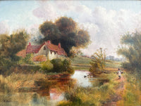 Exquisite Early C20th English School Oil on Panel - Rural Cottage by a pond