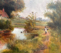 Exquisite Early C20th English School Oil on Panel - Rural Cottage by a pond