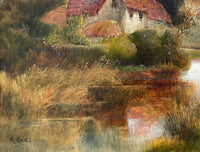 Exquisite Early C20th English School Oil on Panel - Rural Cottage by a pond