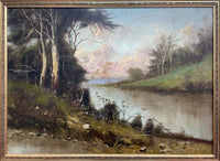 Exquisite Large C19th English School Victorian Oil on Canvas - Extensive River Landscape SOLD