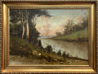 Exquisite Large C19th English School Victorian Oil on Canvas - Extensive River Landscape SOLD