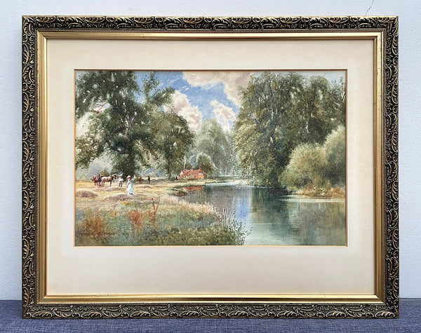 A Superb C19th Victorian Watercolour - Haymaking in a River Landscape by Arthur Wilkinson (1860-1930)SOLD