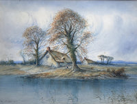 An Exquisite Early C20th Watercolour - Thatched Cottages by a River - William John Baker 1913