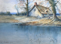 An Exquisite Early C20th Watercolour - Thatched Cottages by a River - William John Baker 1913