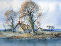 An Exquisite Early C20th Watercolour - Thatched Cottages by a River - William John Baker 1913