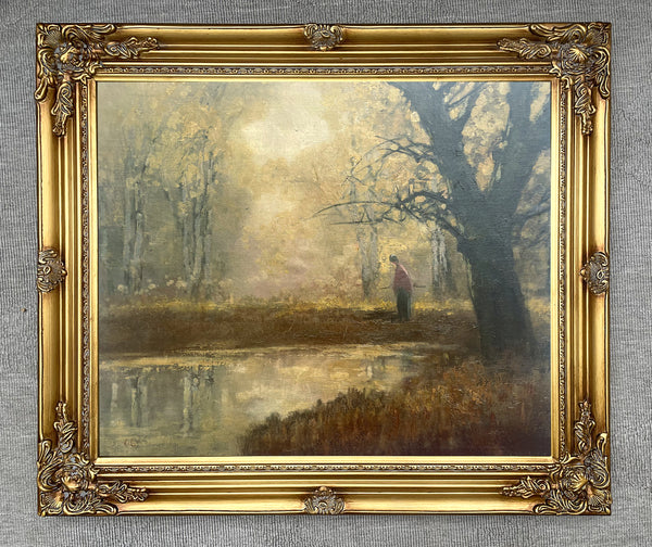 Fine Late C19th Tonalist Oil on Canvas laid on panel - Woman by a Woodland Lake SOLD