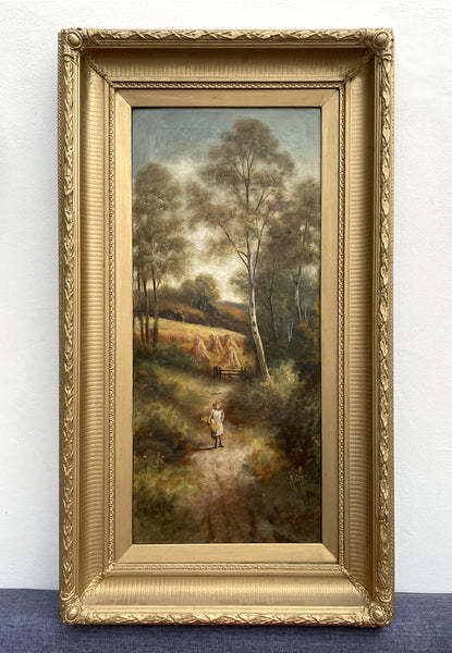 Fabulous large C19th Victorian English School Oil on Canvas - Girl on a Rural Lane SOLD