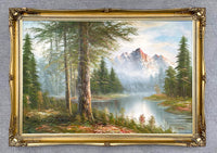 Fine Large Vintage Oil on Canvas - Tranquil Mountain River Landscape by Irene Cafieri SOLD