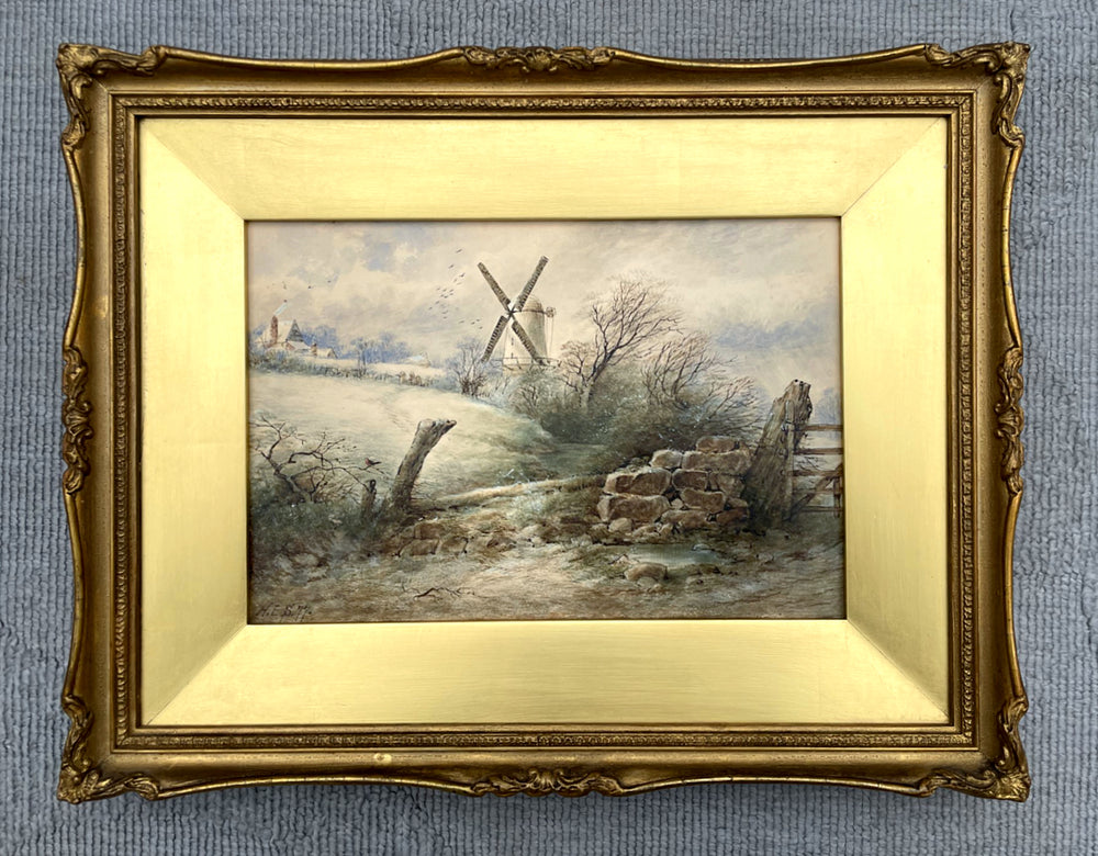 Exquisite C19th Victorian Watercolour - Wintry Landscape with a Windmill dated 1877 SOLD