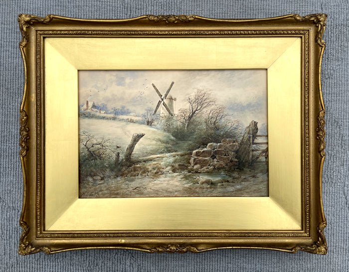 Exquisite C19th Victorian Watercolour - Wintry Landscape with a Windmill dated 1877 SOLD