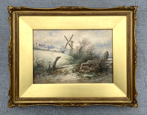 Exquisite C19th Victorian Watercolour - Wintry Landscape with a Windmill dated 1877