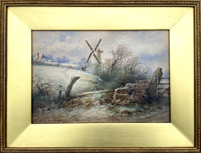 Exquisite C19th Victorian Watercolour - Wintry Landscape with a Windmill dated 1877 SOLD