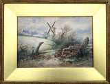 Exquisite C19th Victorian Watercolour - Wintry Landscape with a Windmill dated 1877