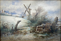 Exquisite C19th Victorian Watercolour - Wintry Landscape with a Windmill dated 1877