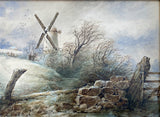 Exquisite C19th Victorian Watercolour - Wintry Landscape with a Windmill dated 1877