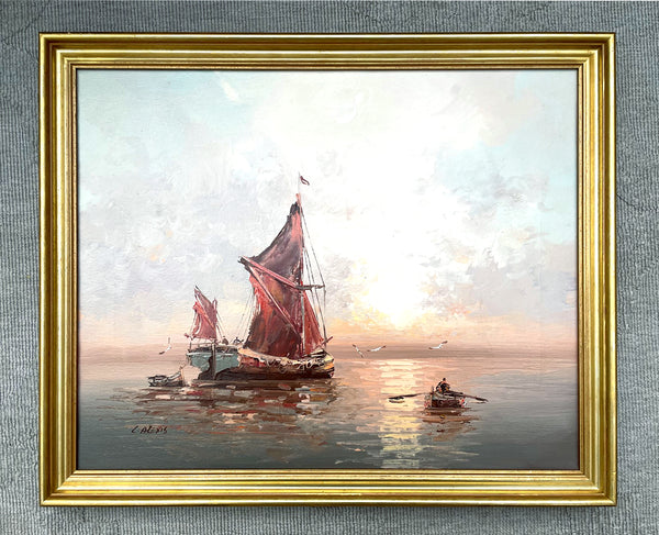 A Fine Vintage Mid C20th Impressionist Oil on Canvas - Shipping off the Coast