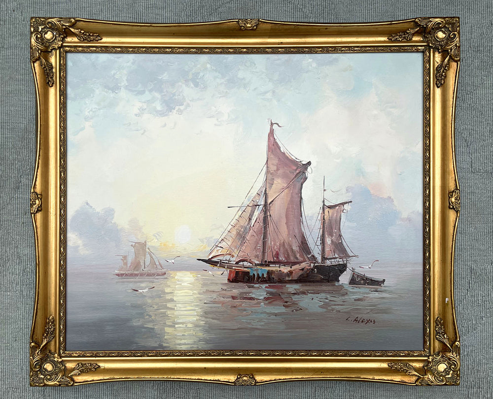 A Superb Large Vintage Mid C20th Impressionist Oil on Canvas - Shipping in a Calm Sea SOLD