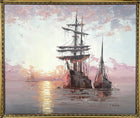 A Superb Large Vintage Mid C20th Impressionist Oil on Canvas - Shipping at Dusk SOLD