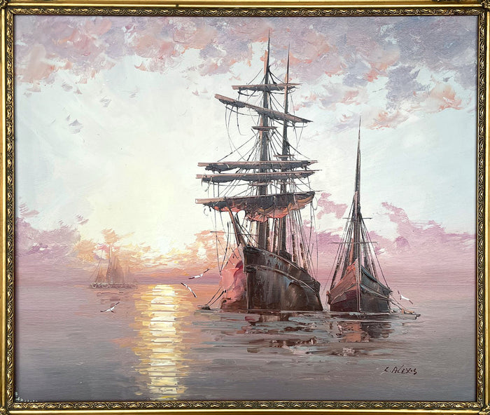A Superb Large Vintage Mid C20th Impressionist Oil on Canvas - Shipping at Dusk SOLD
