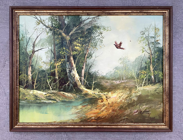 Fine Mid C20th Vintage English School Oil on Canvas - Pheasants in Flight over Woodland SOLD