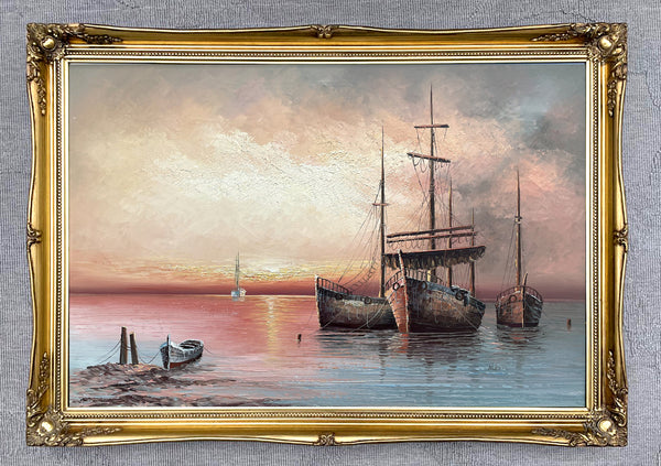 A Superb Large Vintage Mid C20th Impressionist Oil on Canvas - Shipping at Anchor