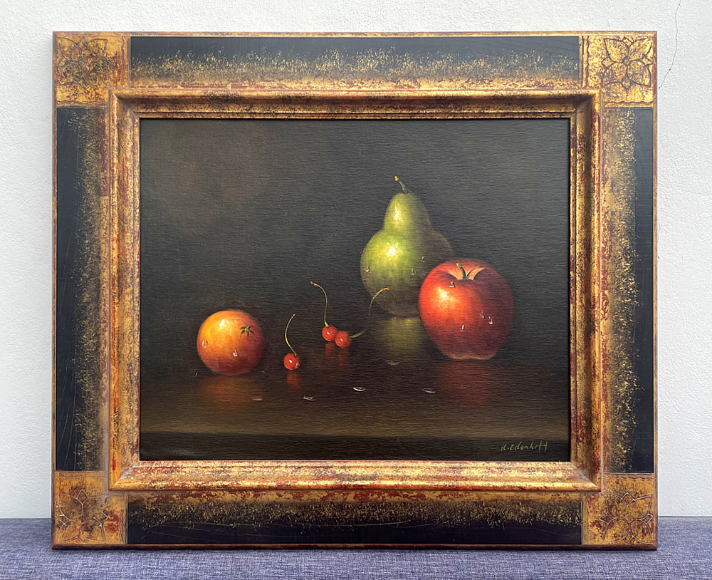 Exquisite C20th Vintage Still Life Oil on Canvas - Apple, Pear & Cherries