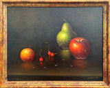 Exquisite C20th Vintage Still Life Oil on Canvas - Apple, Pear & Cherries