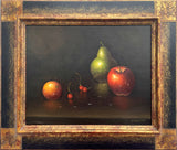 Exquisite C20th Vintage Still Life Oil on Canvas - Apple, Pear & Cherries