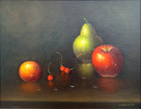 Exquisite C20th Vintage Still Life Oil on Canvas - Apple, Pear & Cherries