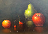 Exquisite C20th Vintage Still Life Oil on Canvas - Apple, Pear & Cherries