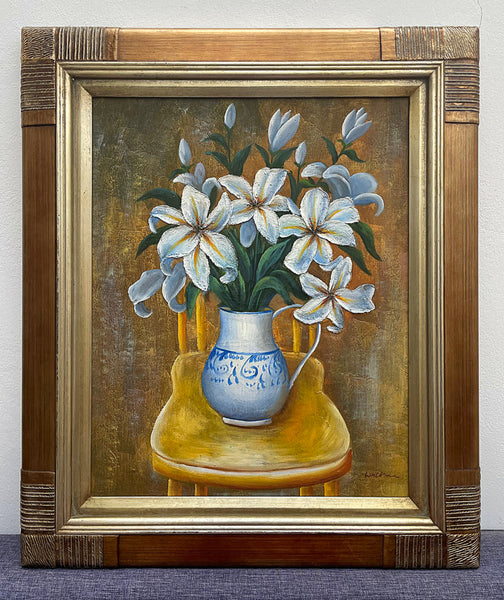 Fine Vintage Mid C20th Floral Oil on Canvas - Lilies in a Blue & White Jug